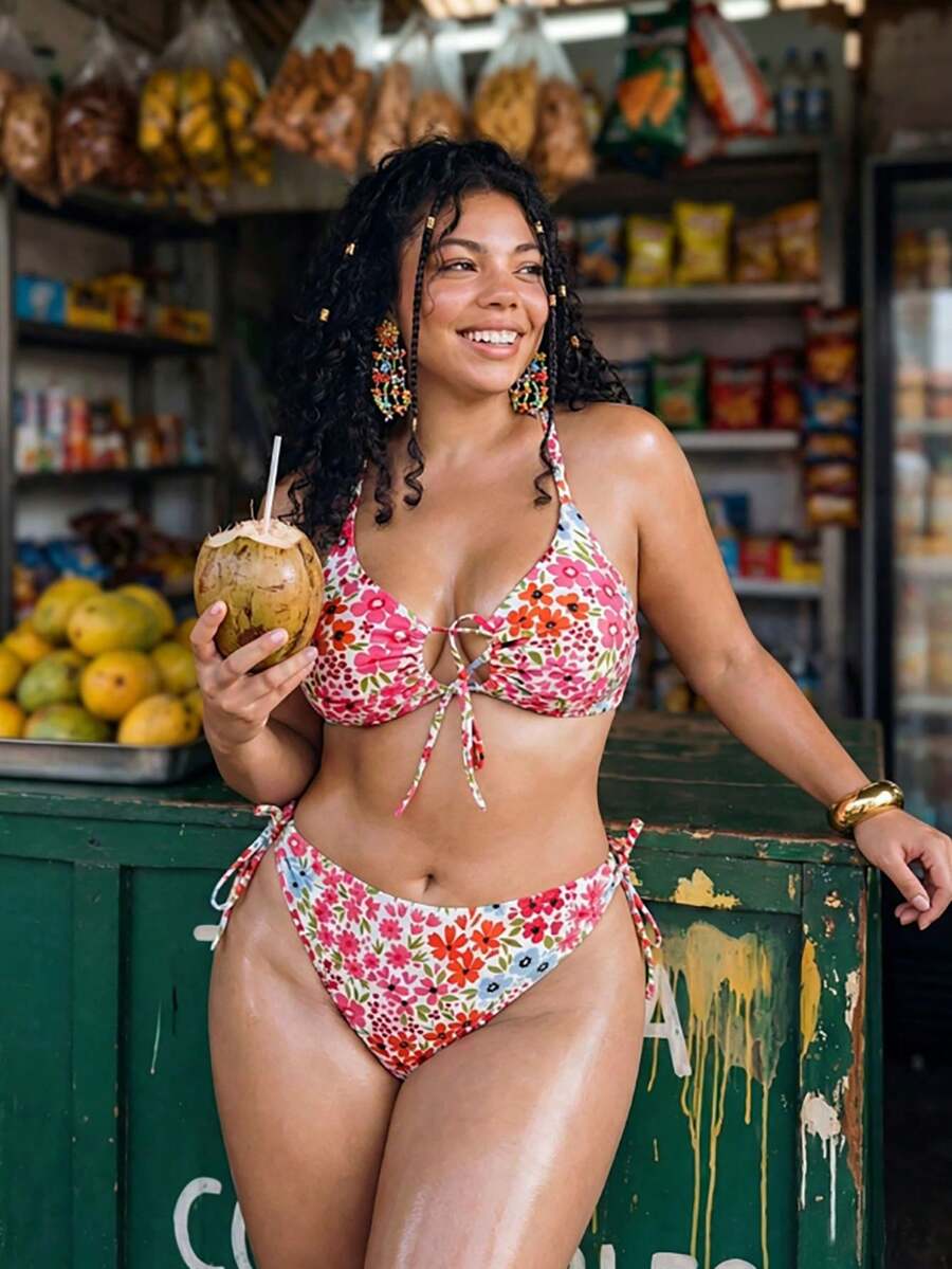 SHEIN Swim Plus Size Women Floral All White 2pcs Spaghetti Strap Tie Front Triangle Bikini Swimwear Beach Vacation Party Summer Sexy Leisure Tropical - Multicolor - View 1