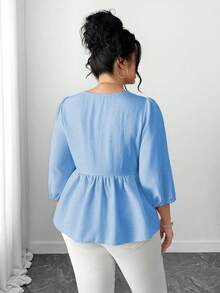 Elenzga Plus Size Women V-Neck Long Sleeve Loose Elegant Shirt With Tassel Drawstring Ruffle Hem - Baby Blue - View 2