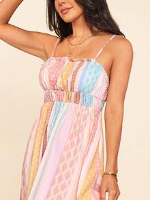 Coeurva Women's Summer Beach Vacation Style Patchwork Print Cinching Waist Cami Dress - Multicolor - View 2