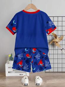 Baby Boy Casual T-Shirt Set, Classic Cool Brave Spider Hero Character Print, Stylish Spider Web Pattern, Fashionable Spider Icon Print, Suitable For Spring/Summer, Suitable For Sports - Multicolor - View 4