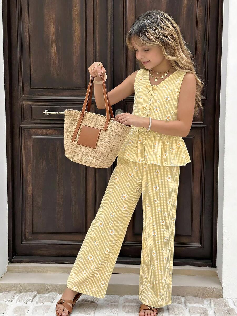 Sparklyn Tween Girl Plaid & Floral Print V-Neck Sleeveless Top And Pants 2-Piece Set - Yellow - View 1