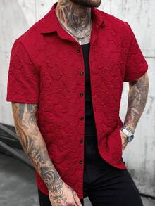 SLATEMANN Men's Solid Color Front Button Casual Short Sleeve Shirt, Summer - Red - View 6