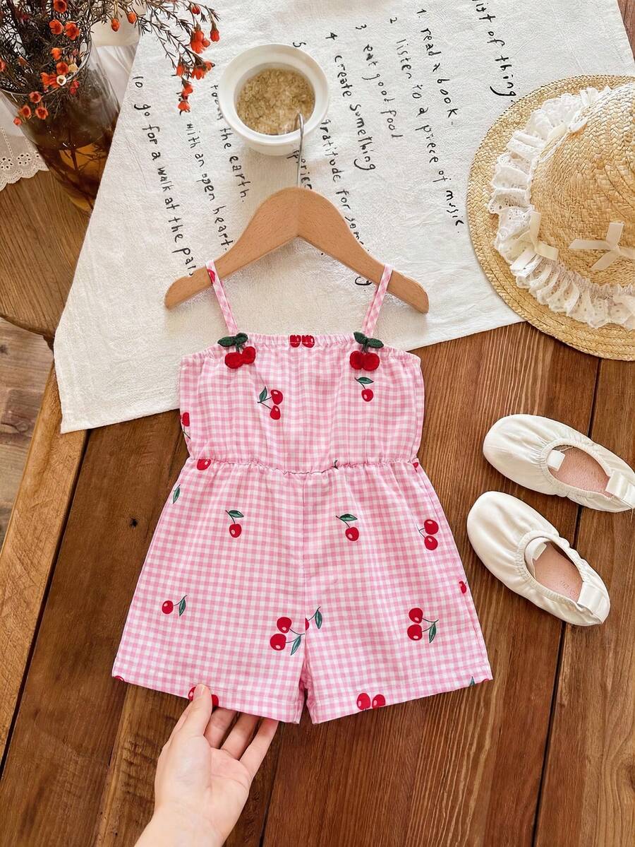 SHEIN LMoss Kids 女宝宝可爱休闲夏季红白格子蝴蝶结吊带连体衣 - 粉色 - 查看 1