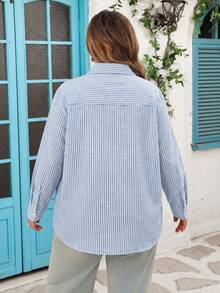 SHEIN CURVE+ Curve 尺码 US22 音乐节、海滨度假、波西米亚风女士长袖休闲条纹衬衫，春夏女装 - 藍色 - 查看 2