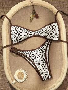 Swim Mod Women's Contrast Color Print Simple Boho Swimwear Set Beach Chocolate Brown Summer - Multicolor - View 3