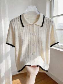 GlowEve Áo khoác cardigan nữ mùa xuân/hè cổ polo phối viền tương phản, dệt kim gân dọc đục lỗ kiểu cổ điển, phong cách retro/Hàn Quốc, thích hợp cho đi làm, mặc hàng ngày, hẹn hò, công sở nhẹ và các dịp khác, thanh lịch. - Màu Khaki - Xem 1
