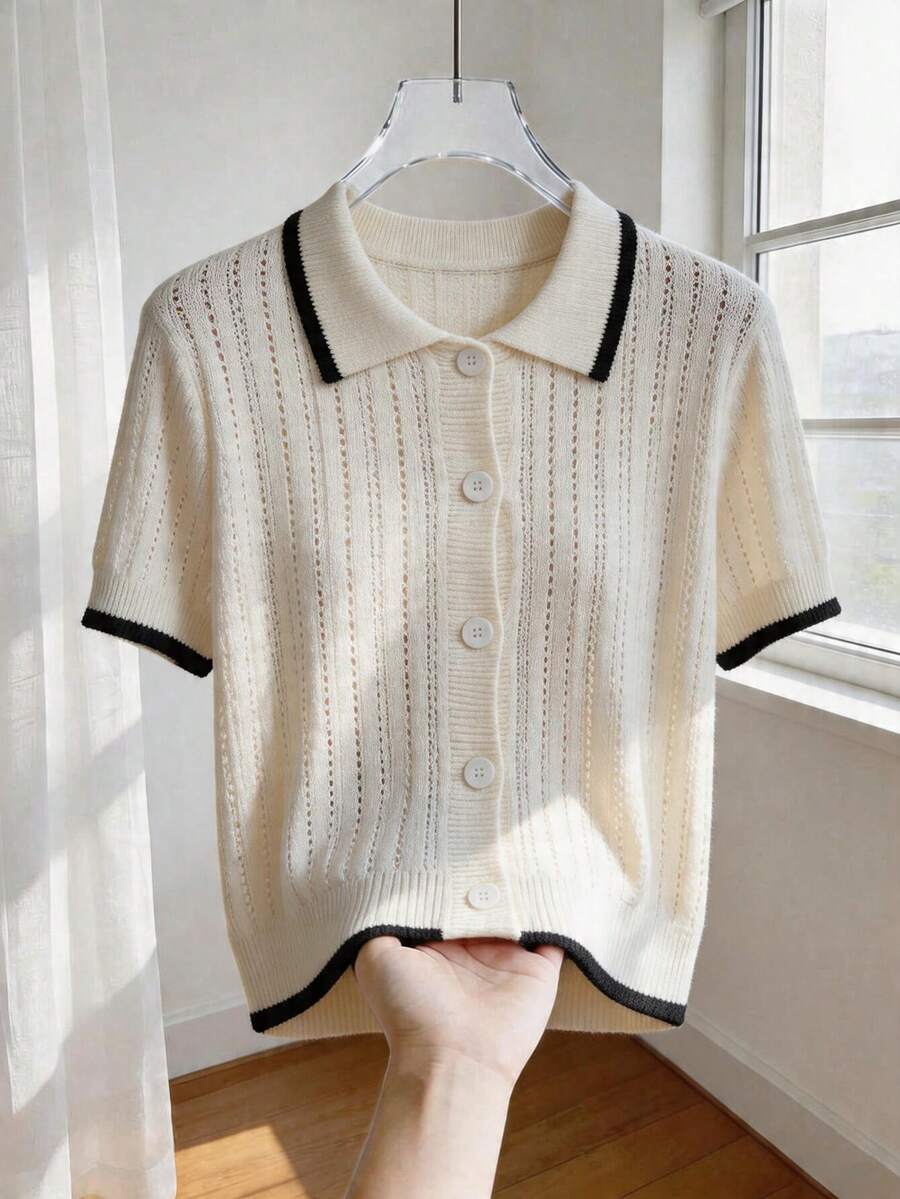 GlowEve Áo khoác cardigan nữ mùa xuân/hè cổ polo phối viền tương phản, dệt kim gân dọc đục lỗ kiểu cổ điển, phong cách retro/Hàn Quốc, thích hợp cho đi làm, mặc hàng ngày, hẹn hò, công sở nhẹ và các dịp khác, thanh lịch. - Màu Khaki - Xem 1