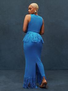 Vixey Knit Jacquard Fringe Hem Bodycon Maxi Skirt - Blue - View 3
