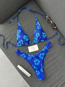 Swim Mod Women's Summer Beach Flower Printed Halter Tie Sexy Bikini Set - Multicolor - View 6