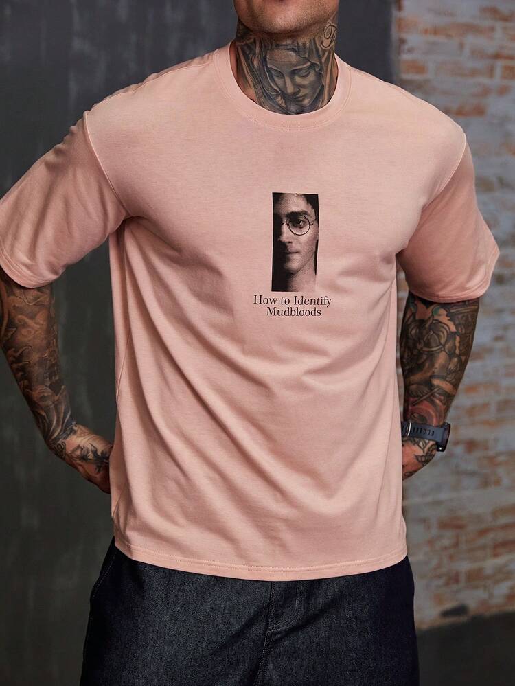 Pink Collaboration Letter Print Short Sleeve T-Shirt For Men