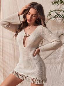 Swim Chiccia Cubrecuerpo de una pieza de punto calado para mujer, con cierre de accesorio metálico elegante, cubrecuerpo de estilo sofisticado de una pieza - Beis - Ver 3