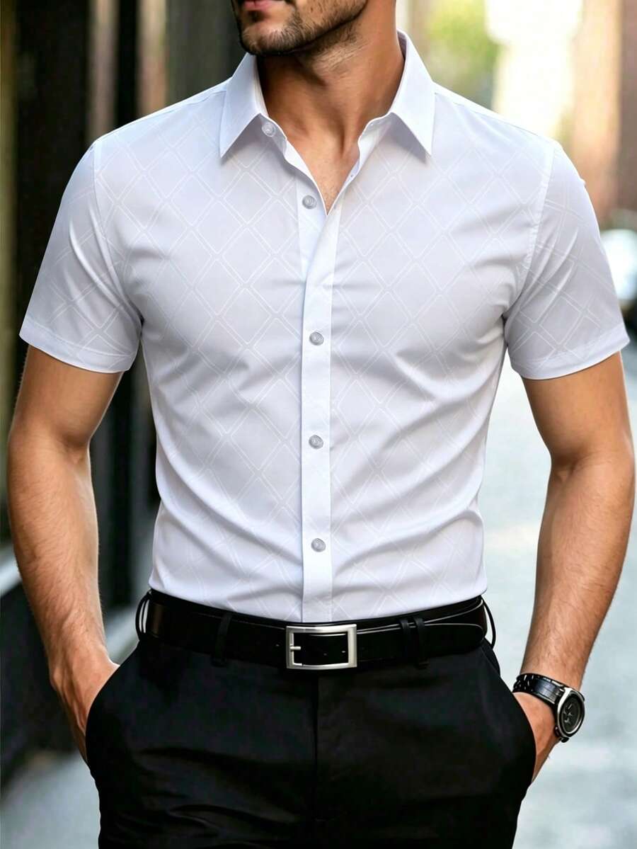 Manfinity Mode Áo sơ mi nam tay ngắn màu trơn, kiểu dáng thường ngày, đa năng cho mặc hàng ngày và đi làm, mùa hè, trang trọng. - trắng - Xem 1