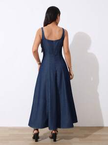 SHEIN Tall 女士时尚收腰牛仔吊带连衣裙 - 深色水洗藍 - 查看 4