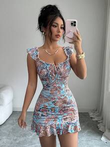 VaVaBold Women's Fashion Floral Print Sexy Ruffle Hem Dress - Blue - View 5