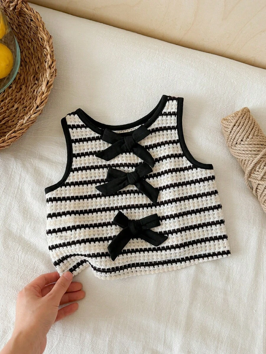 LMoss Kids Baby Girl Striped Textured Back Bow Blouse - Black and White - View 1