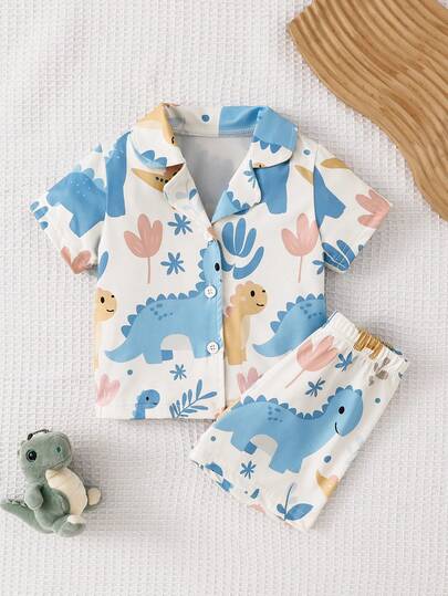 Bộ đồ hè cho bé trai 2 món, họa tiết khủng long hoạt hình dễ thương, hoa và lá, chất liệu vải mềm mại, thoải mái, chống cháy, áo khoác cardigan cổ polo và quần short kiểu dáng thường ngày.
