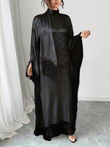 Elenzga Vestido holgado de cuello alto, diseño minimalista con parches con flecos, adecuado para ocasiones formales, tallas grandes, primavera/otoño - Negro - Ver 3