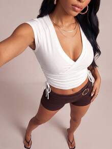 Nooralise 夏季女装腰部露脐上衣，侧边系带设计，V领白色T恤，嘉年华白色上衣 - 白色 - 查看 5