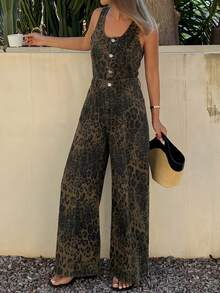DAZY Women's Sleeveless Adjustable Strap Loose Straight Leg Casual Denim Jumpsuit Summer - Army Green - View 2