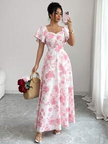 SHEIN Elenzya 女士玫瑰碎花褶皱前片荷叶袖腰部A字连衣裙，魅力优雅休闲度假通勤性感时尚约会法式街头复古百搭春夏红白多色新款短袖长裙 - 彩色 - 查看 6
