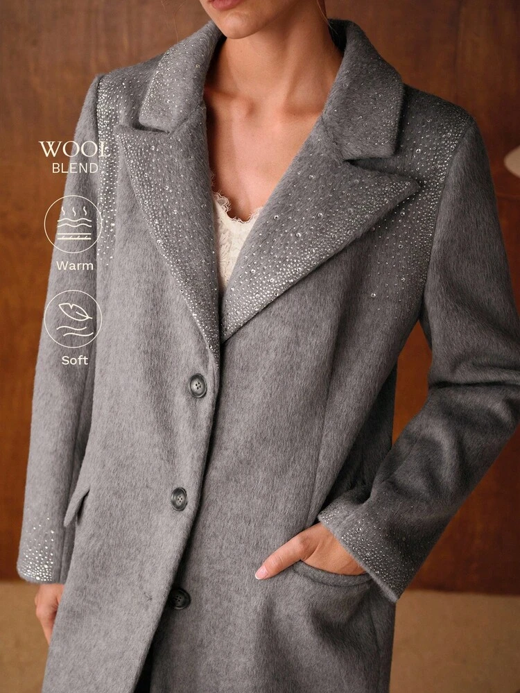 WOOL ELEGANT LONG OVERCOAT WITH LAPEL, DOUBLE-BREASTED, RHINESTONE DECOR, AUTUMN/WINTER