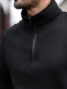 YOUESAWY YOUESAWY 1 pieza Sudadera holgada de media cremallera con cuello para hombre, unicolor y ligera - Negro - Ver 4