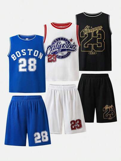 SHEIN 6件套儿童/青少年男童春夏时尚休闲运动篮球服套装，无袖针织上衣和短裤套装，街头风基础款服装