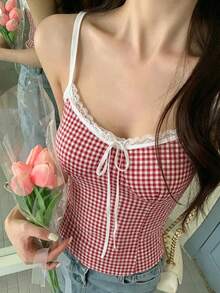 女士蕾丝拼接格子休闲百搭日常吊带背心 - 酒紅色 - 查看 1