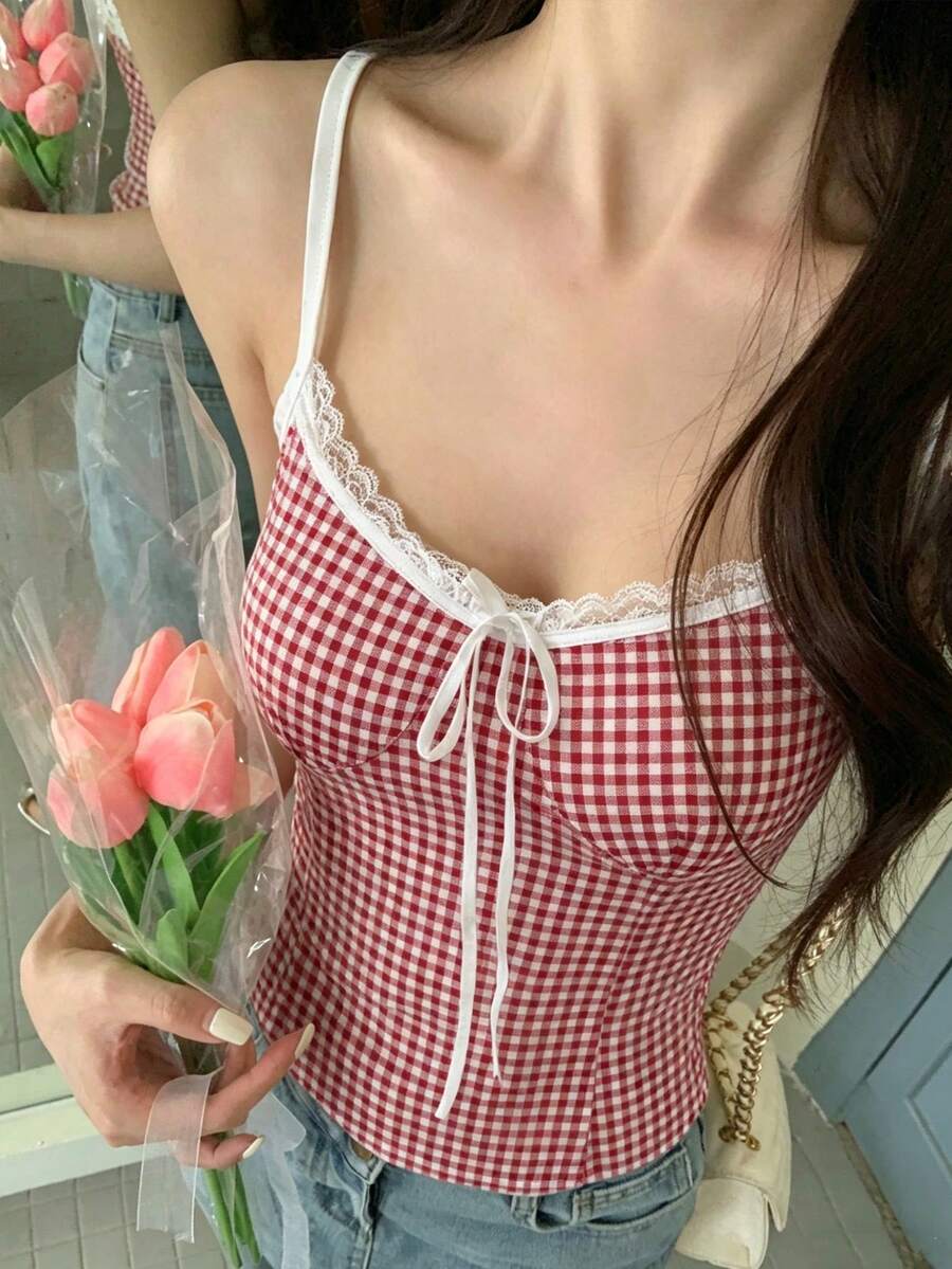 女士蕾丝拼接格子休闲百搭日常吊带背心 - 酒紅色 - 查看 1
