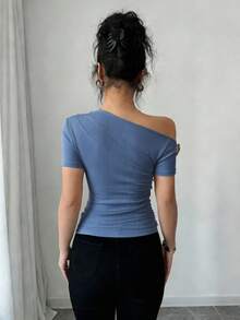 Rafferiza 女款優雅不對稱領口3D玫瑰金屬裝飾短袖T恤，高雅上衣，高雅上衣，休閒，優雅上衣 - 藏蓝色 - 查看 2
