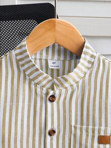 Souflis Souflis 2pcs/Set Young Boy Casual Striped Short Sleeve Shirt And Pants Set, Suitable For Daily Casual, Vacation, Sports, Summer - Khaki - View 5