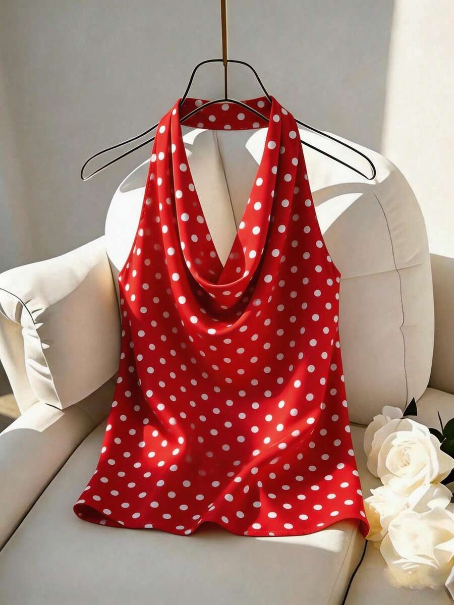 Franclia Áo hai dây màu đỏ thuộc bộ sưu tập Xuân/Hè mới, thiết kế hở lưng gợi cảm, thanh lịch dành cho nữ, thích hợp cho kỳ nghỉ và du lịch, áo sơ mi đỏ trắng nữ, áo sơ mi chấm bi nữ, áo sơ mi thanh lịch nữ, áo sơ mi quàng khăn, áo hai dây chấm bi đỏ xếp nếp thanh lịch nữ, áo hai dây cổ chữ V sâu. - Đỏ và trắng - Xem 1