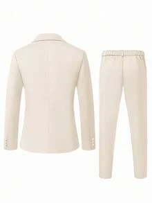 Manfinity Mode Conjunto de traje de hombre beige claro con solapa de muesca y doble botonadura, tejido de sarga, traje formal de verano para boda para hombres, estilo vintage de dinero antiguo, regalo de cumpleaños, fiesta, ceremonia - Beis - Ver 2