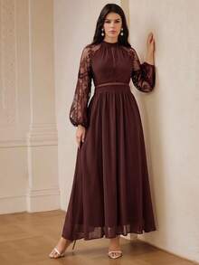 ZEYLAH Elegant Romantic Lace Patchwork Flare Sleeve Fitted A-Line Dress, Spring/Summer - Coffee - View 5