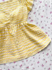 Flirla Women's White V-Neck Fitted Waist Cap Sleeve Blouse, Romantic Sexy French Style, Spring/Summer Golf - Yellow - View 5
