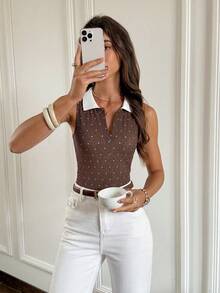 Serisse Áo tank top nữ dáng ôm vừa vặn, họa tiết chấm bi tương phản, thích hợp cho mùa hè. - màu nâu - Xem 3