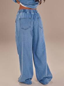 Athîral Denim Jeans casuales sueltos y versátiles con cordón de mujer de unicolor - Azul - Ver 3