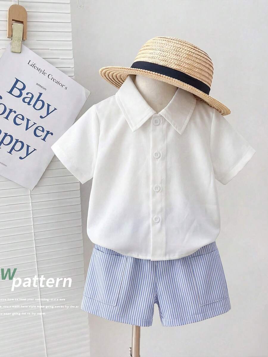 6个月-3岁婴幼儿男童白色衬衫搭配蓝白条纹短裤套装，短袖衬衫和短裤，清新配色，简约风格，学院风，婴幼儿套装，夏季服装 - 藍白色 - 查看 1