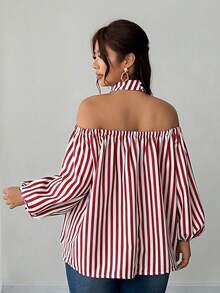 SHEIN Elenzya Áo kiểu mùa hè cỡ lớn mới, hở vai, kẻ sọc, thiết kế kiểu Pháp Niche, tay áo cánh hoa. - Đỏ - Xem 5