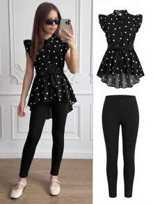 SHEIN Leap Crew 2 件套少女编织心形图案荷叶边袖系带衬衫和休闲裤套装 - 黑色 - 查看 3