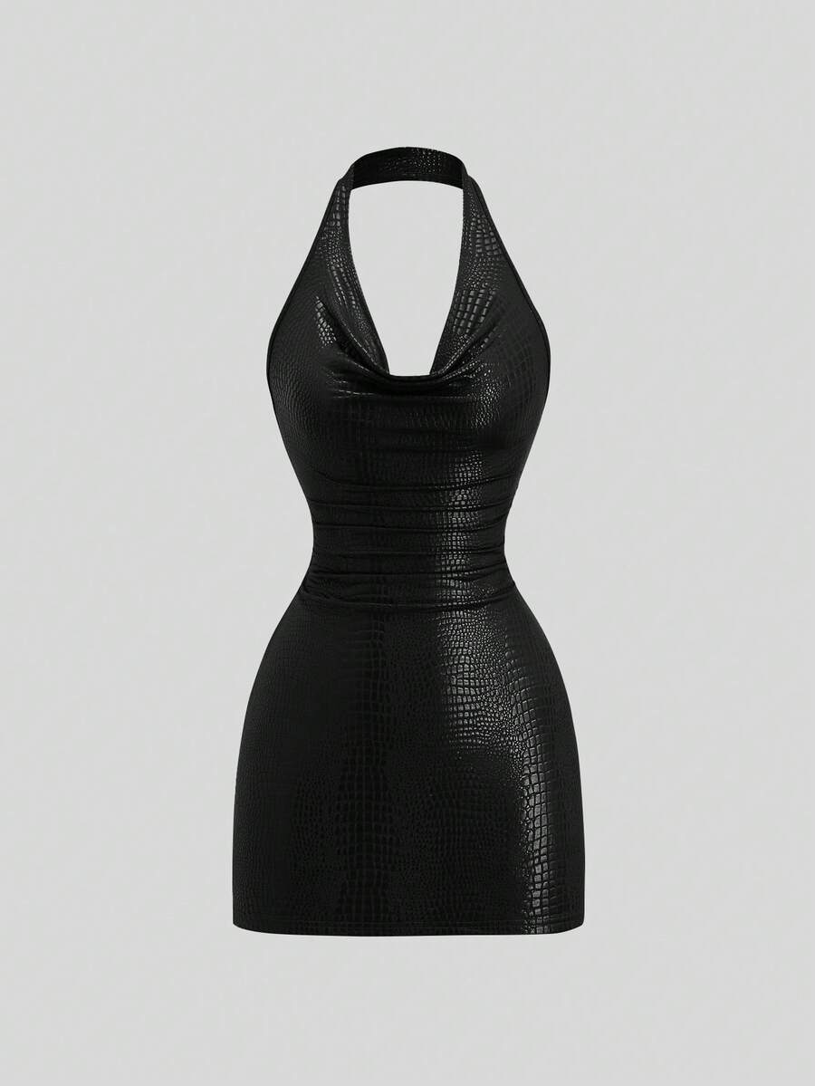Sweetra Women's Summer Fashion Solid Color Textured Halter Backless Bodycon Dress - Black - View 1