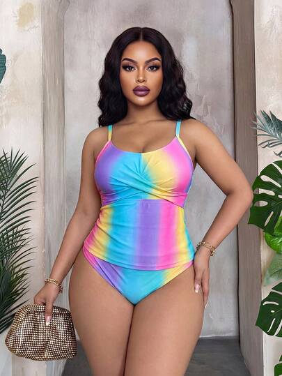 Maweii Đồ bơi Tankini họa tiết ombre cỡ lớn cho nữ thường ngày 2 món