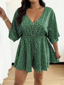 Vionelle Bộ jumpsuit nữ cỡ lớn cổ chữ V cài cúc, tay bồng, dáng rộng, họa tiết hoa thanh lịch, dễ thương, thích hợp cho kỳ nghỉ, phong cách Pháp, mùa xuân/hè. - màu xanh lá - Xem 1