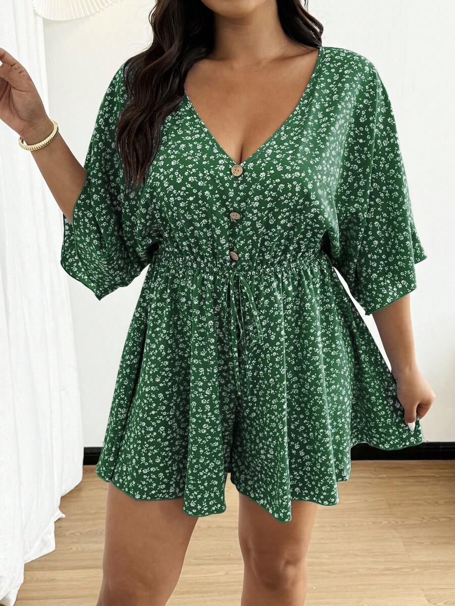 Vionelle Bộ jumpsuit nữ cỡ lớn cổ chữ V cài cúc, tay bồng, dáng rộng, họa tiết hoa thanh lịch, dễ thương, thích hợp cho kỳ nghỉ, phong cách Pháp, mùa xuân/hè. - màu xanh lá - Xem 1