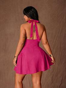 Rustia Plus Size Sexy Chic Deep V-Neck Halter Tie Waist Slim Fit Dress - Hot Pink - View 2