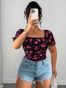 Elenzga Plus Size Women Elegant Square Neck Printed Blouse T-Shirt, Spring/Summer - Black - View 4