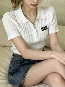 FRIFUL Women's Casual Basic Braided Knit Short Sleeve Top, Versatile For Daily Wear Summer Back-To-School Golf White - Beige - View 9