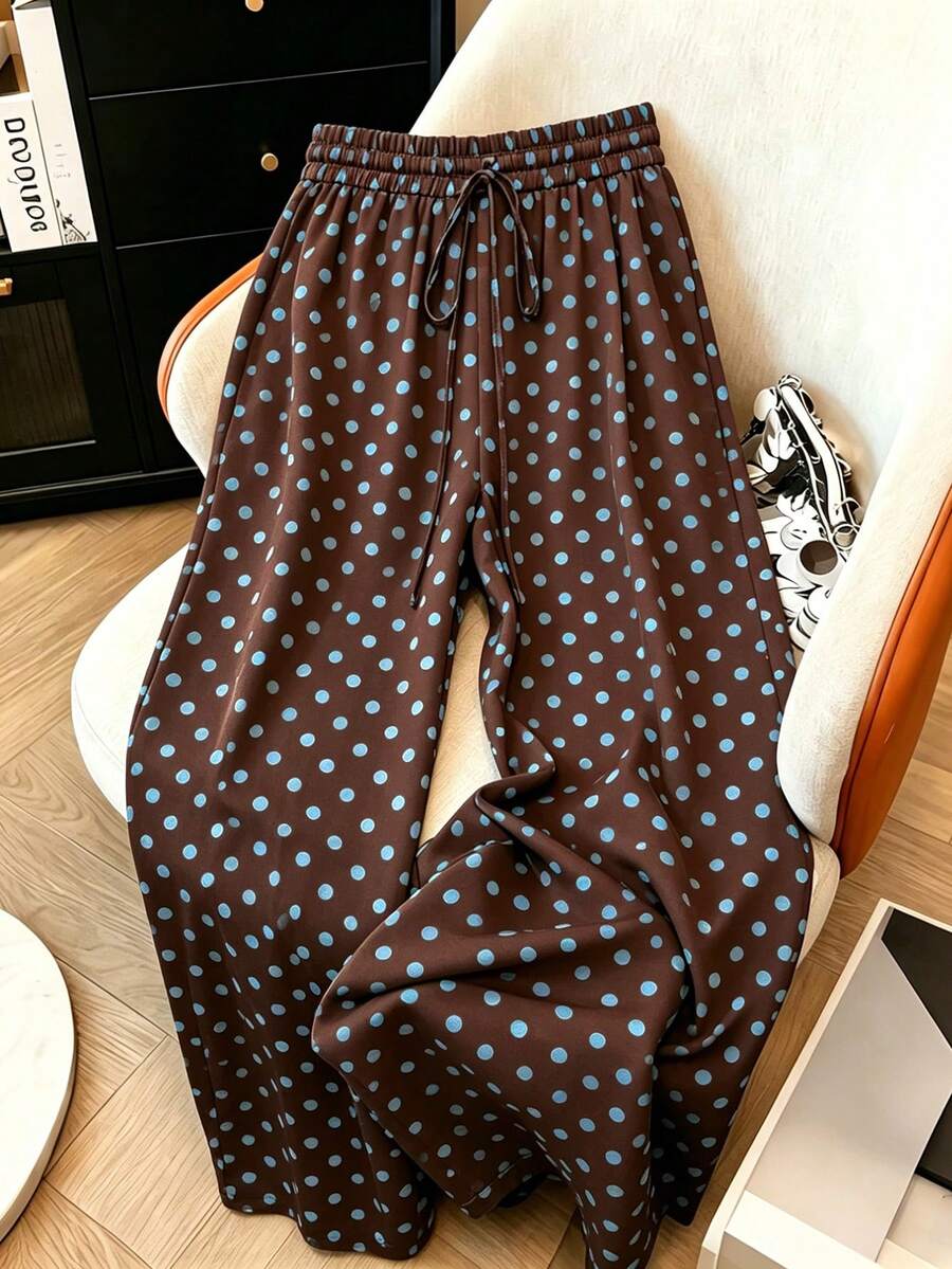 SHEIN PETITE Quần ống đứng cạp cao chấm bi nâu xanh dành cho nữ, kiểu dáng thanh lịch, thích hợp cho kỳ nghỉ hè hoặc dự tiệc sang trọng. - Nhiều màu - Xem 1