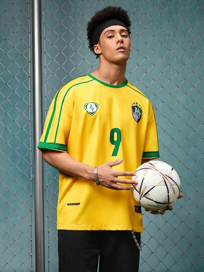 EVRINFINITE Brazil Color Soccer/Football Team Style Printed Street Style Summer Tops  Summer Outfits For Women Going Out Top Summer Top Men Clothes  Colorblock Streetwear Holiday Outfits  Retro Football Style #9 Jersey, Men's Loose Raglan Short Sleeve Streetwear Contrast Color Collar & Cuffs, Sports Casual Graphic Tee, Football Fan Supporter Apparel Brasil Shirt Brazil T-Shirt Yellow Brazil Jersey Brazil Soccer Jersey Yellow Jersey Graphic Tee Woman  Tops For Women  Shirt Man Casual  Spring Outfits  Going Out Top  Spring Clothes  Spring Tops