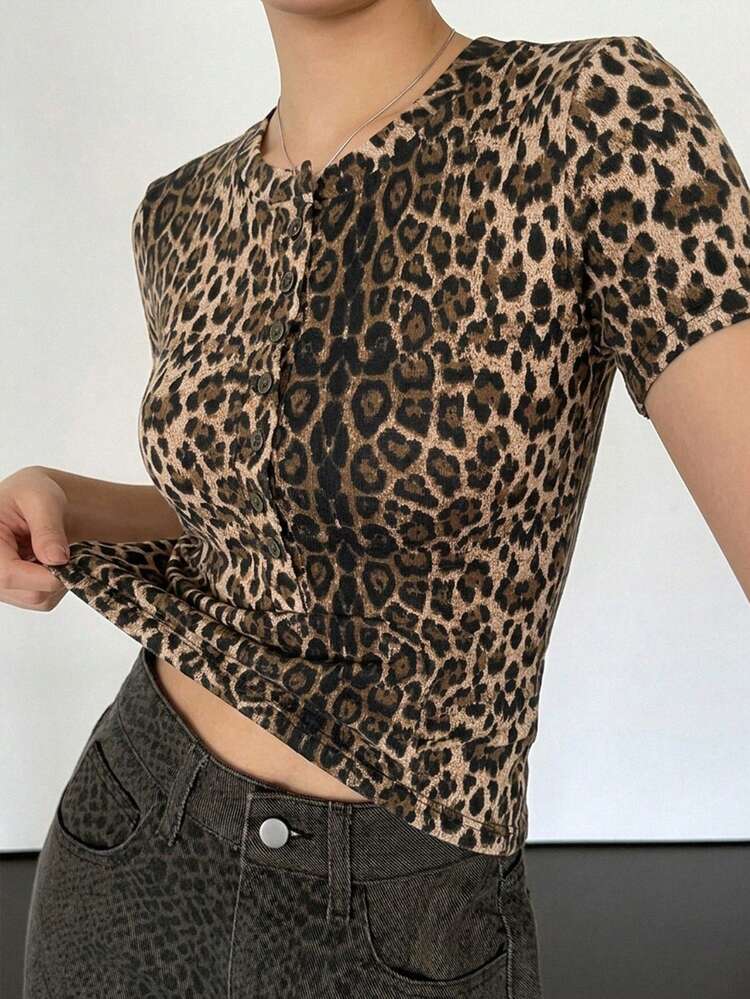 Women's Round Neck Front Open Short Sleeve Fitted T-Shirt Y2k Summer